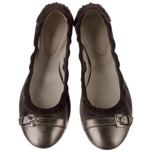 Tod’s Dee Suede & Metallic Bronze Leather Buckle Cap Toe Ballet Flat 38